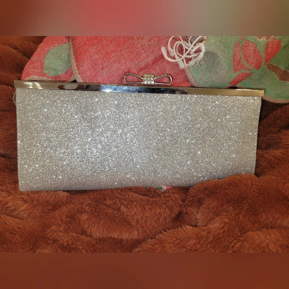 I.N.C. Carolyn Glitter Clutch Rhinestone Bow Glitter Silver